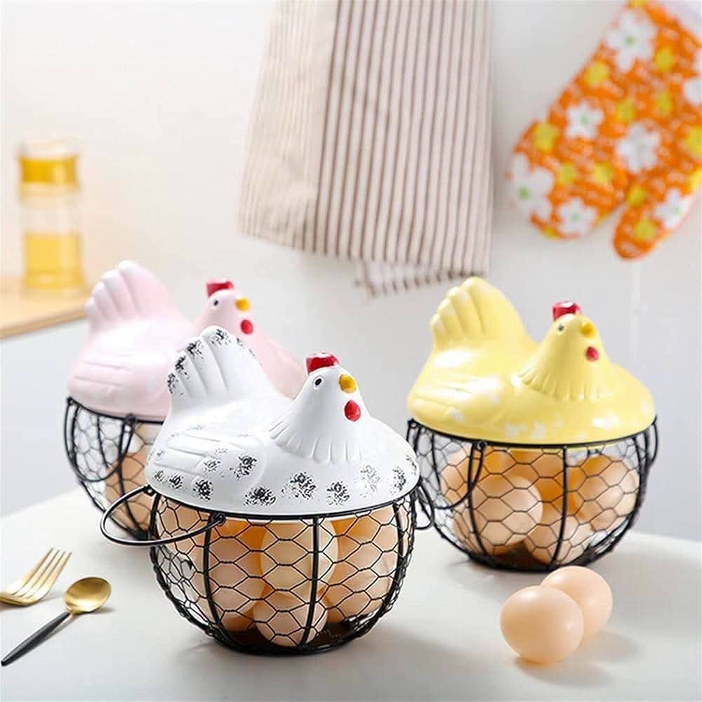 Ceramic Chicken Egg Holder Basket Wire Storage Mesh Basket Kitchen Countertop