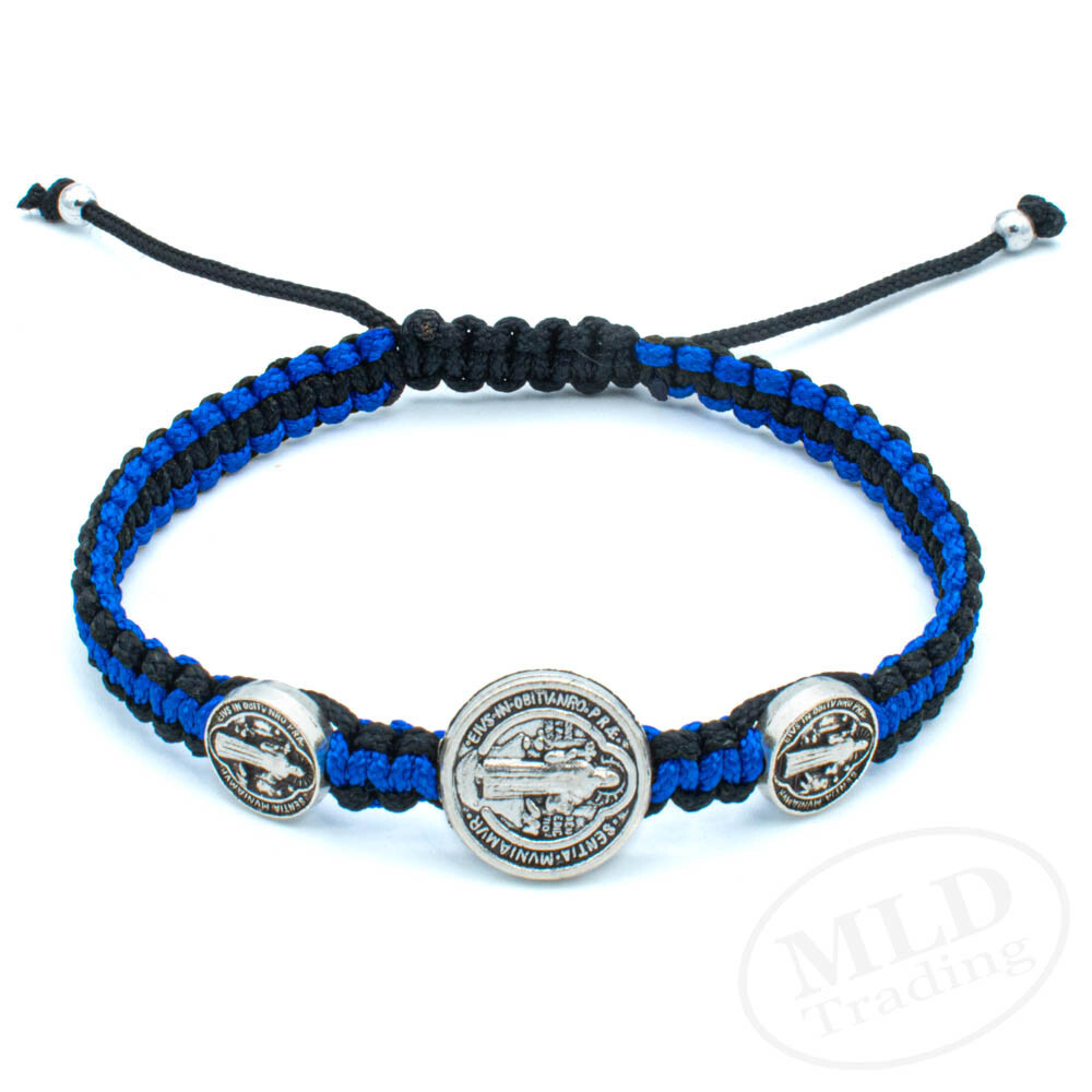 Black/Blue Saint St Benedict Medal Trinity Bracelet Pulsera De San Benito