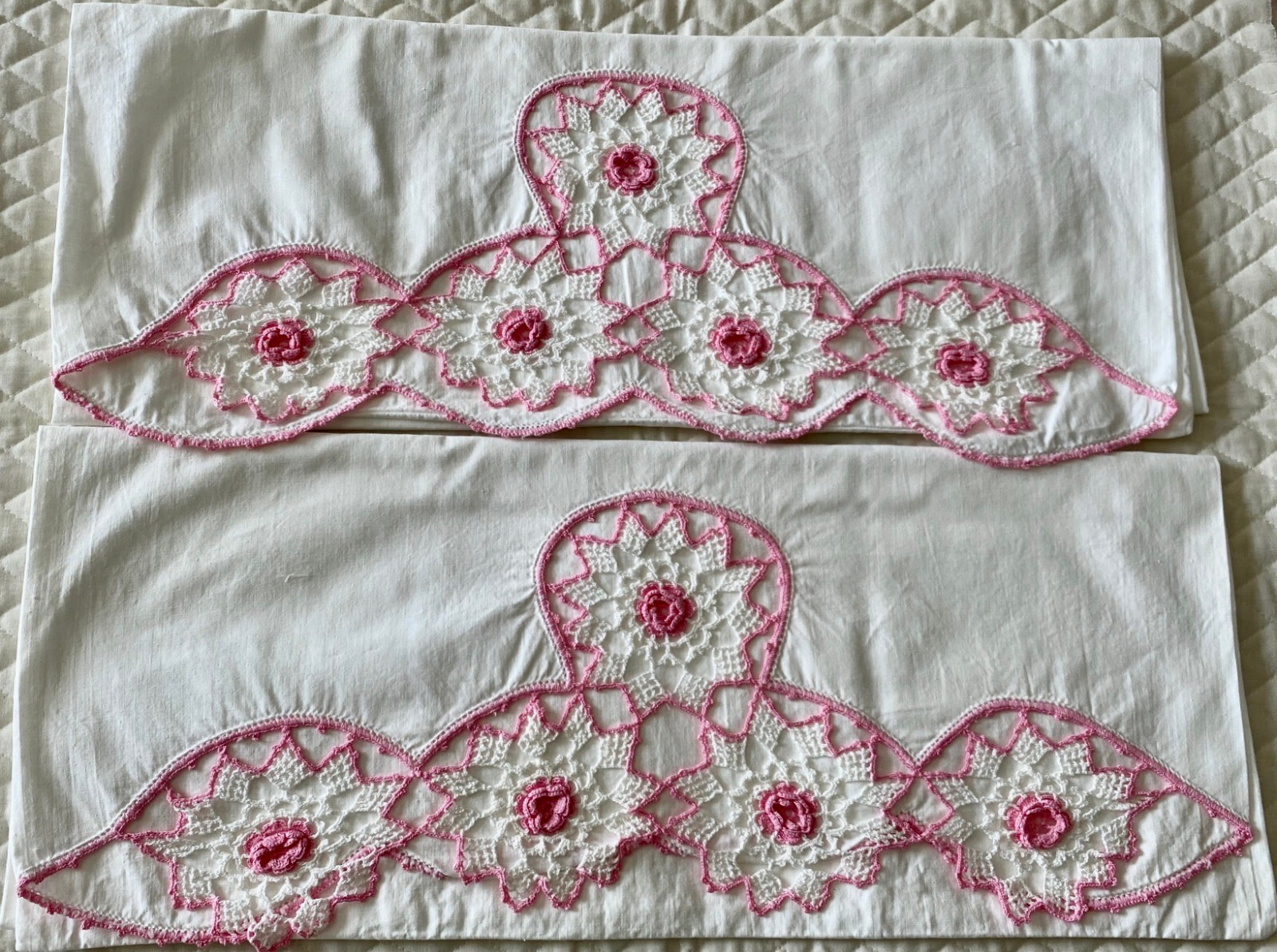 Pair of Vintage Embroidered Pink & White Pillowcases with Crocheted Edging