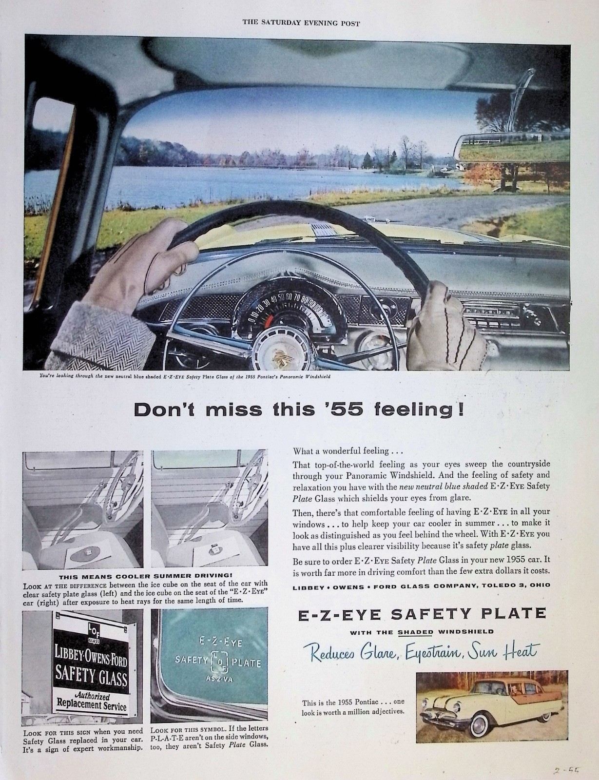 Original 1955 Libbey Owens Ford Ad: LOF Safety Glass Windshield Pontiac Auto V8