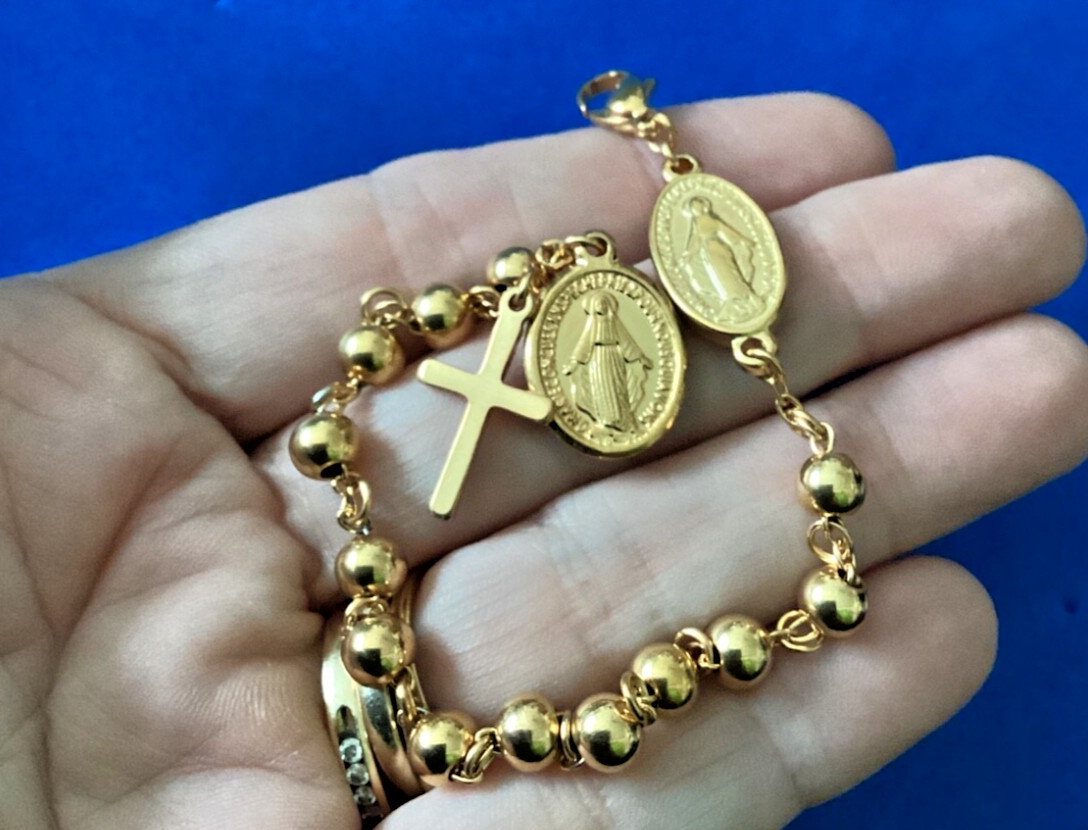 Stainless Steel Miraculous Rosary Bracelet Cross Medal Mary 6mm 7.5” Gold Plated