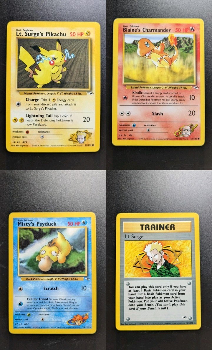 4 Gym Heroes Pokémon Cards Pikachu-Psyduck-Charmander-Lt Surge Unlimited PSA