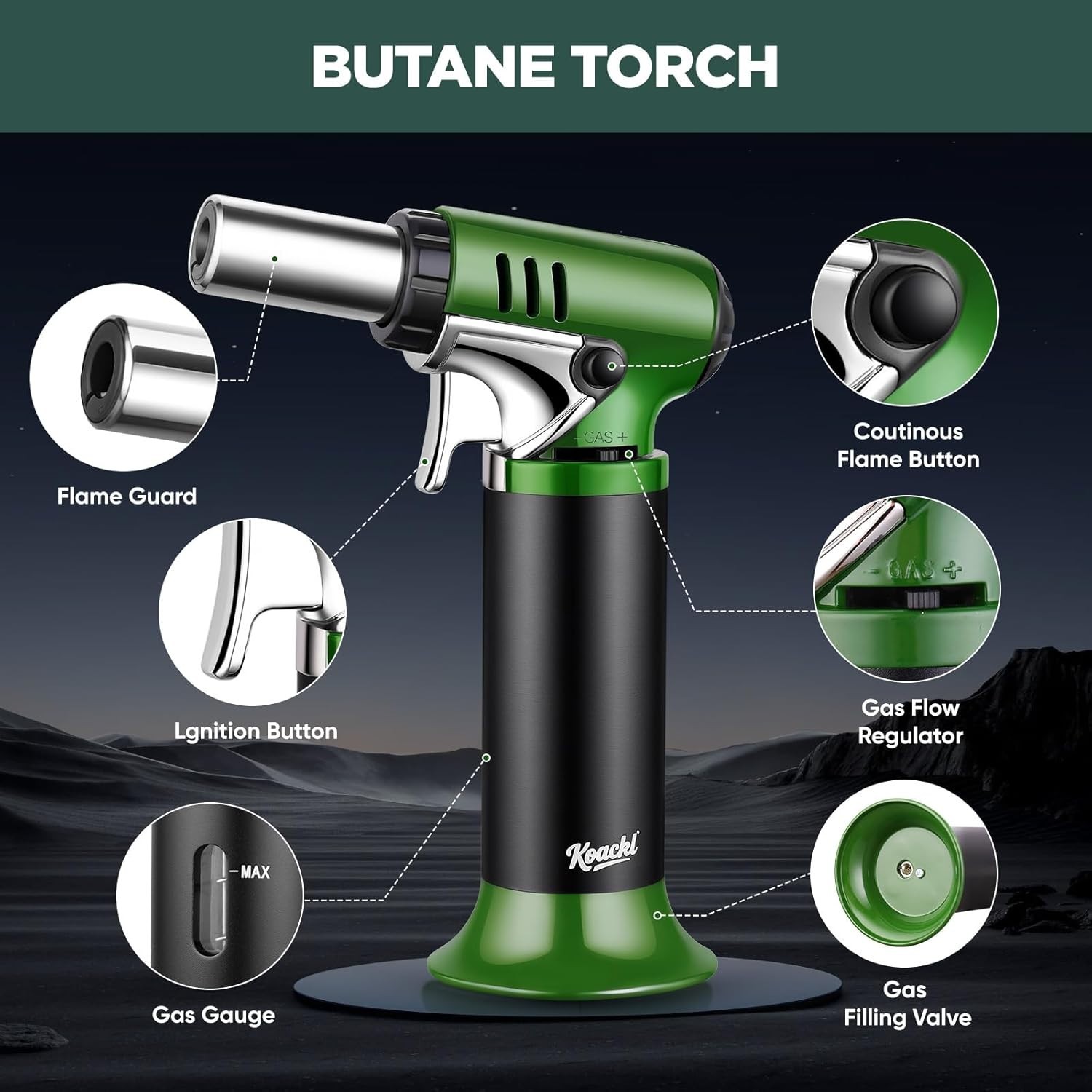 KOACKL Refillable Butane Torch Lighter Adjustable Flame Safety Lock Gauge
