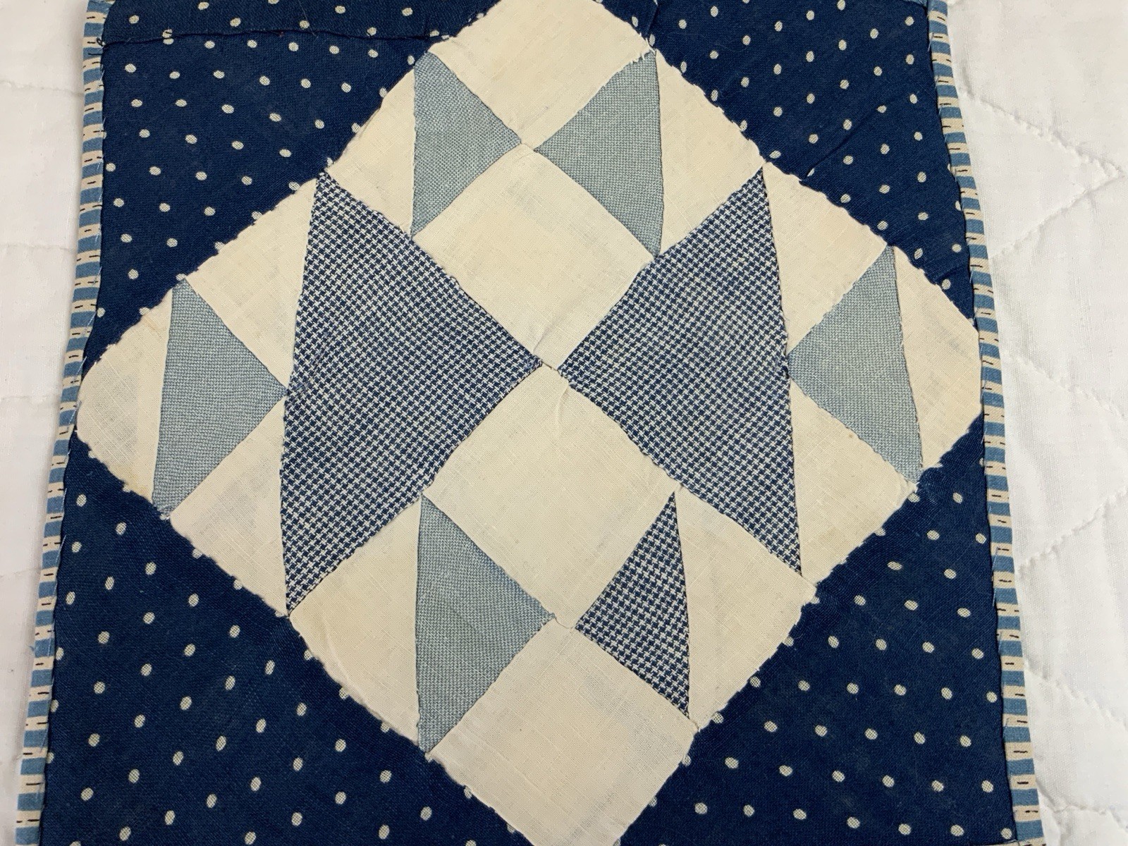 Antique Vintage Patchwork Quilt Table Topper, Four Patch W/ Triangles, Blue