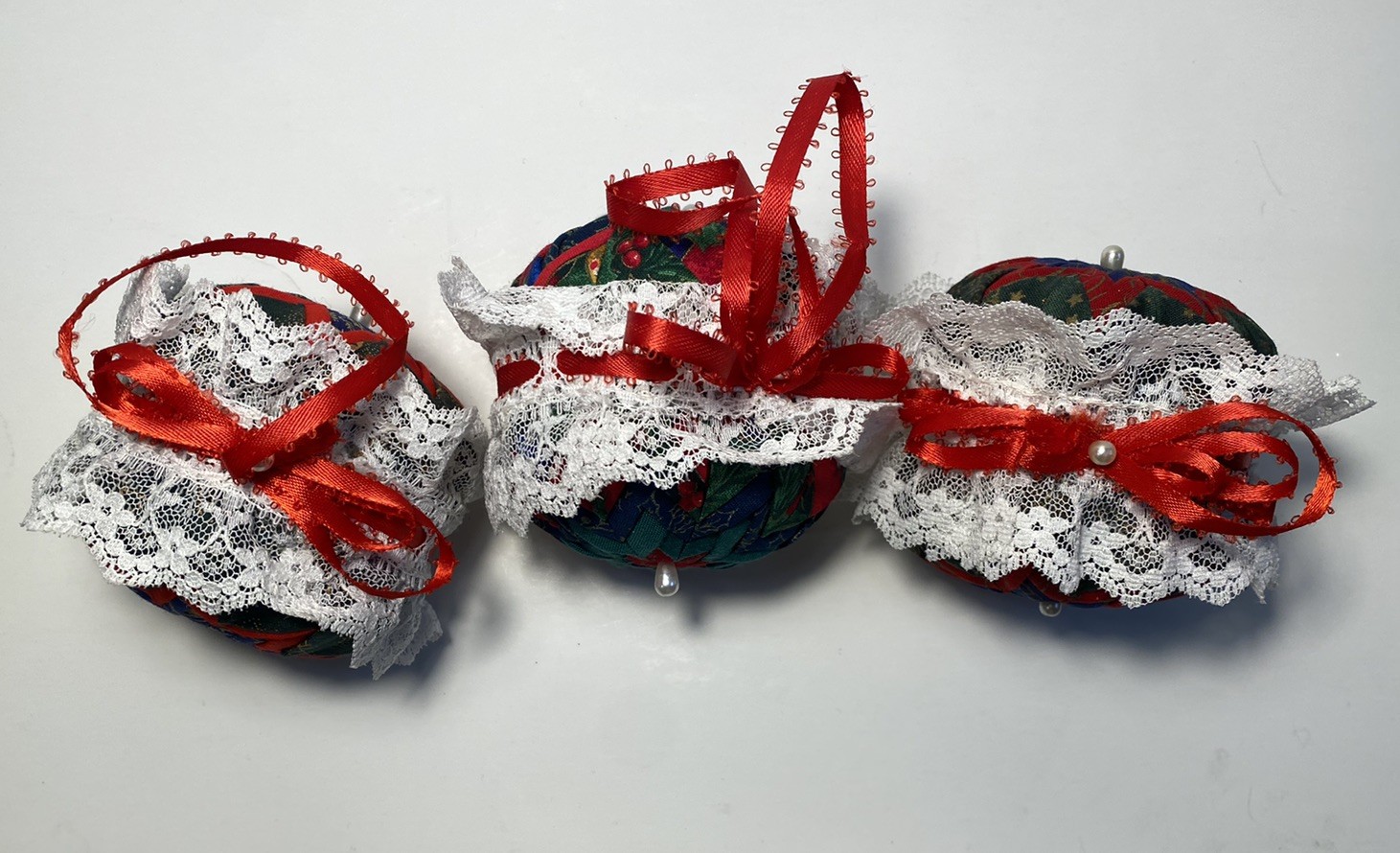 3 Vintage Handmade Folded Star Quilted Patch Red White Christmas Ball Ornament