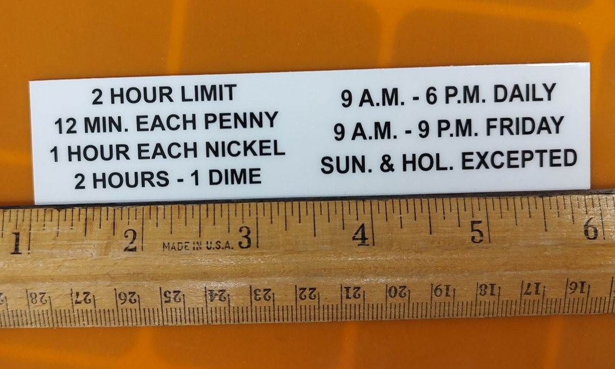 Rhodes/Similar Parking Meter .01/.05/.10 2Hr. Time Limits Operating Hrs Card w