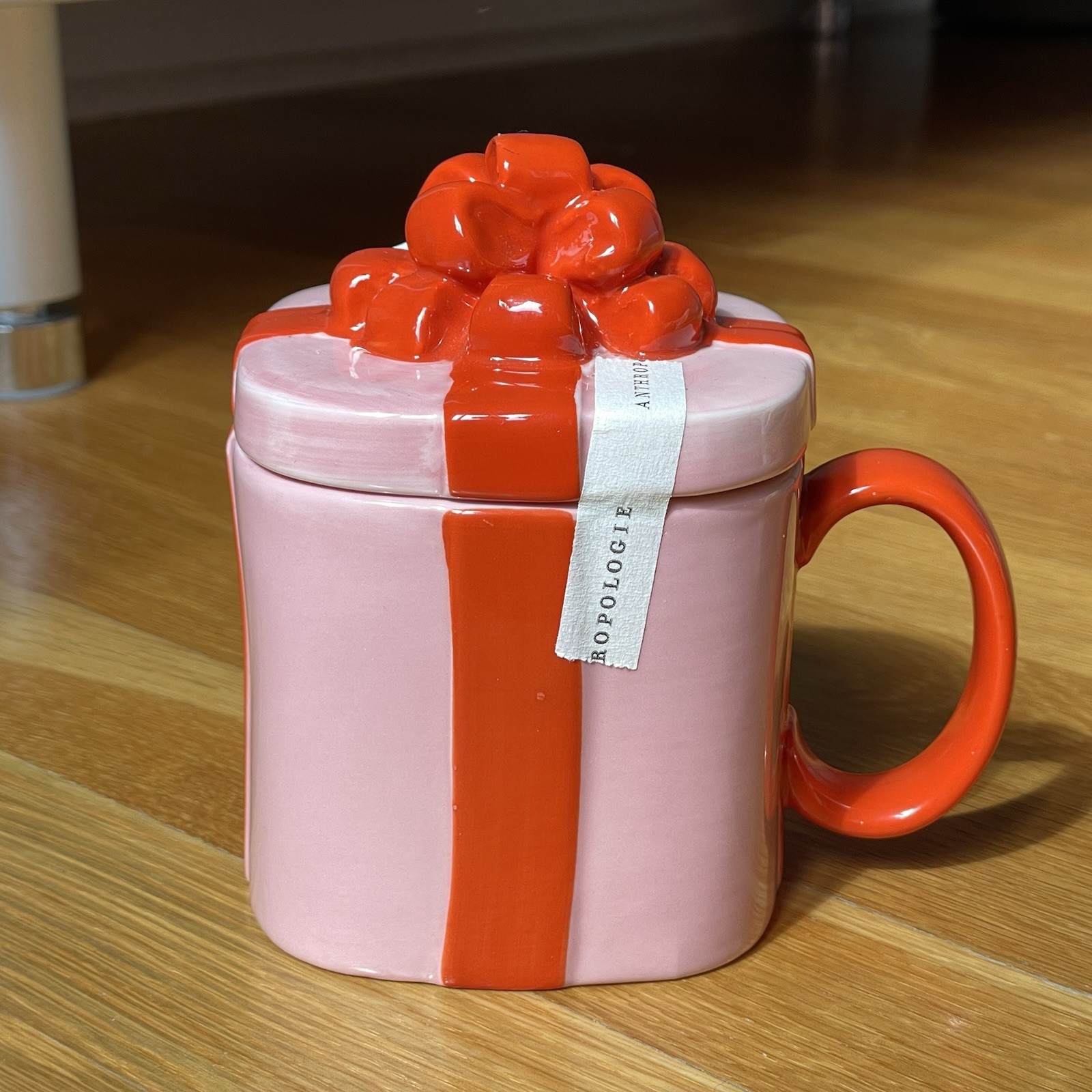 Anthropologie Pink Red Ceramic Gift Box Mug with Drink Through Lid Square Shape