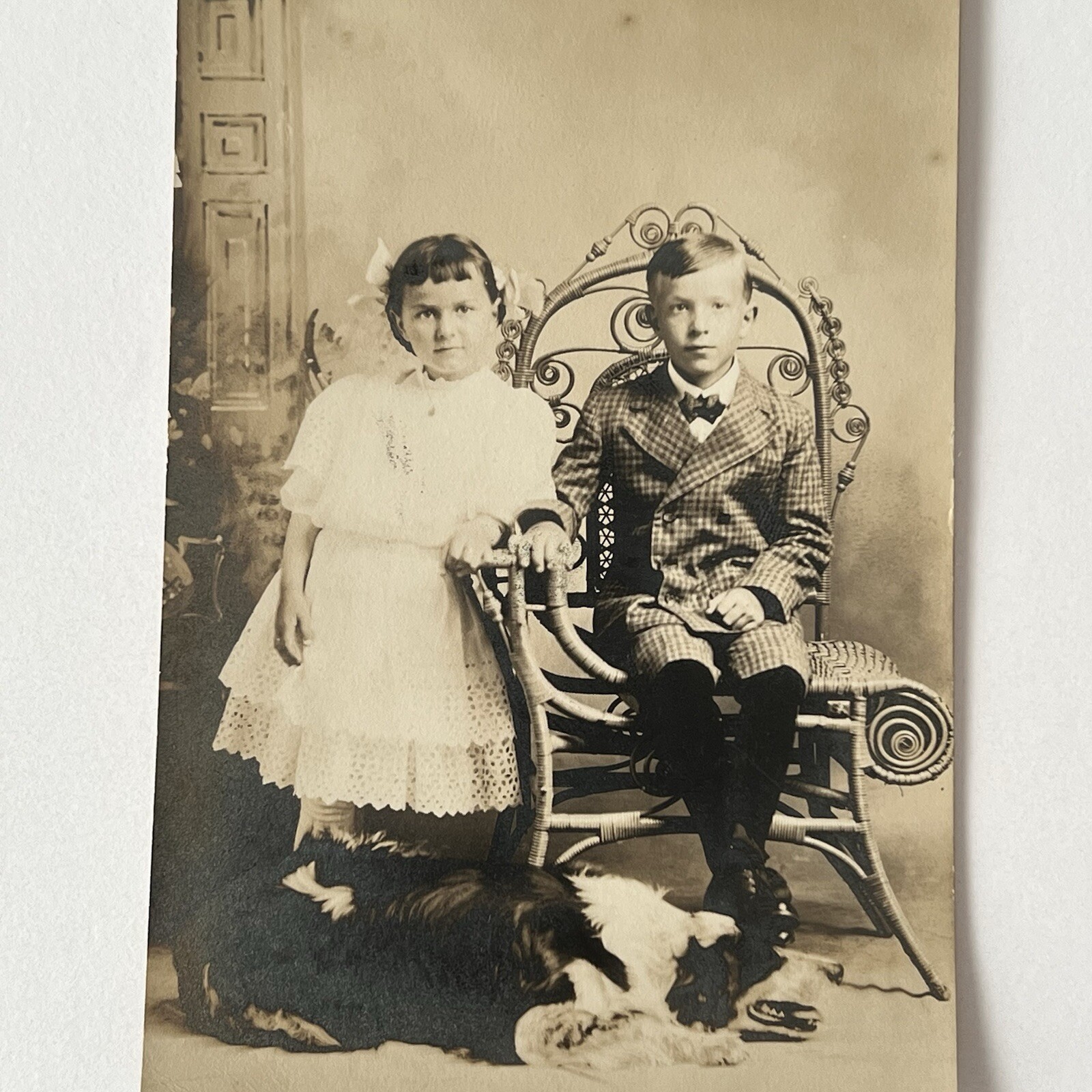 Antique Real Photograph Postcard RPPC Adorable Little Girl & Boy & Beloved Dog