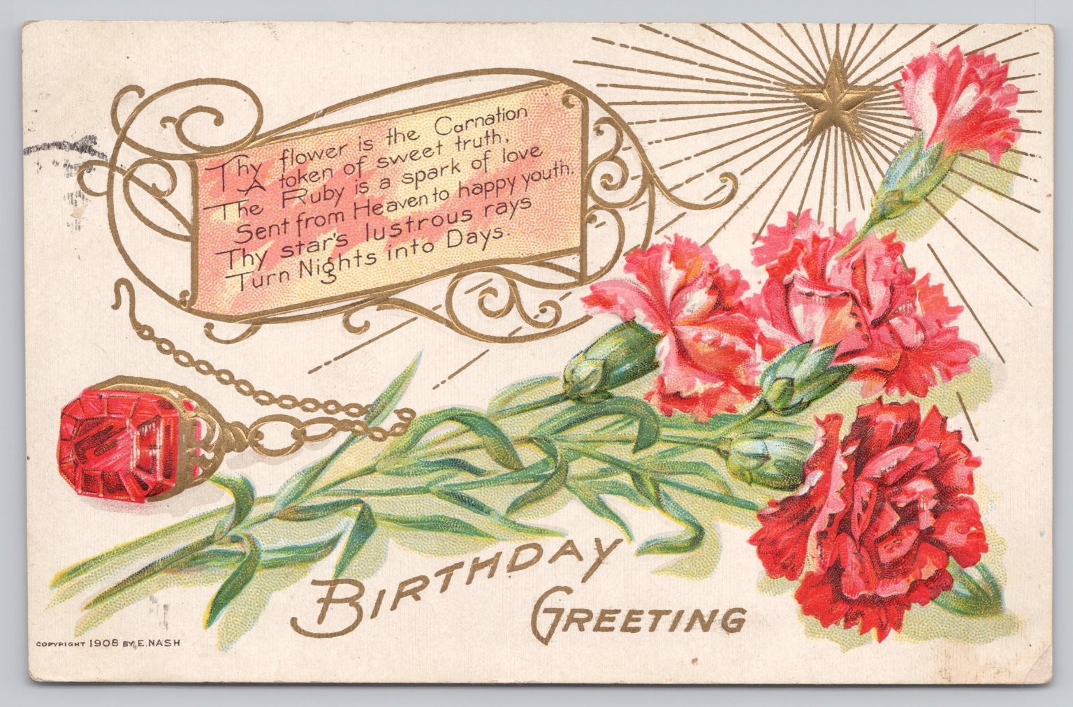 1908 E. Nash Birthday Greeting Postcard Red Carnations & Ruby Ring