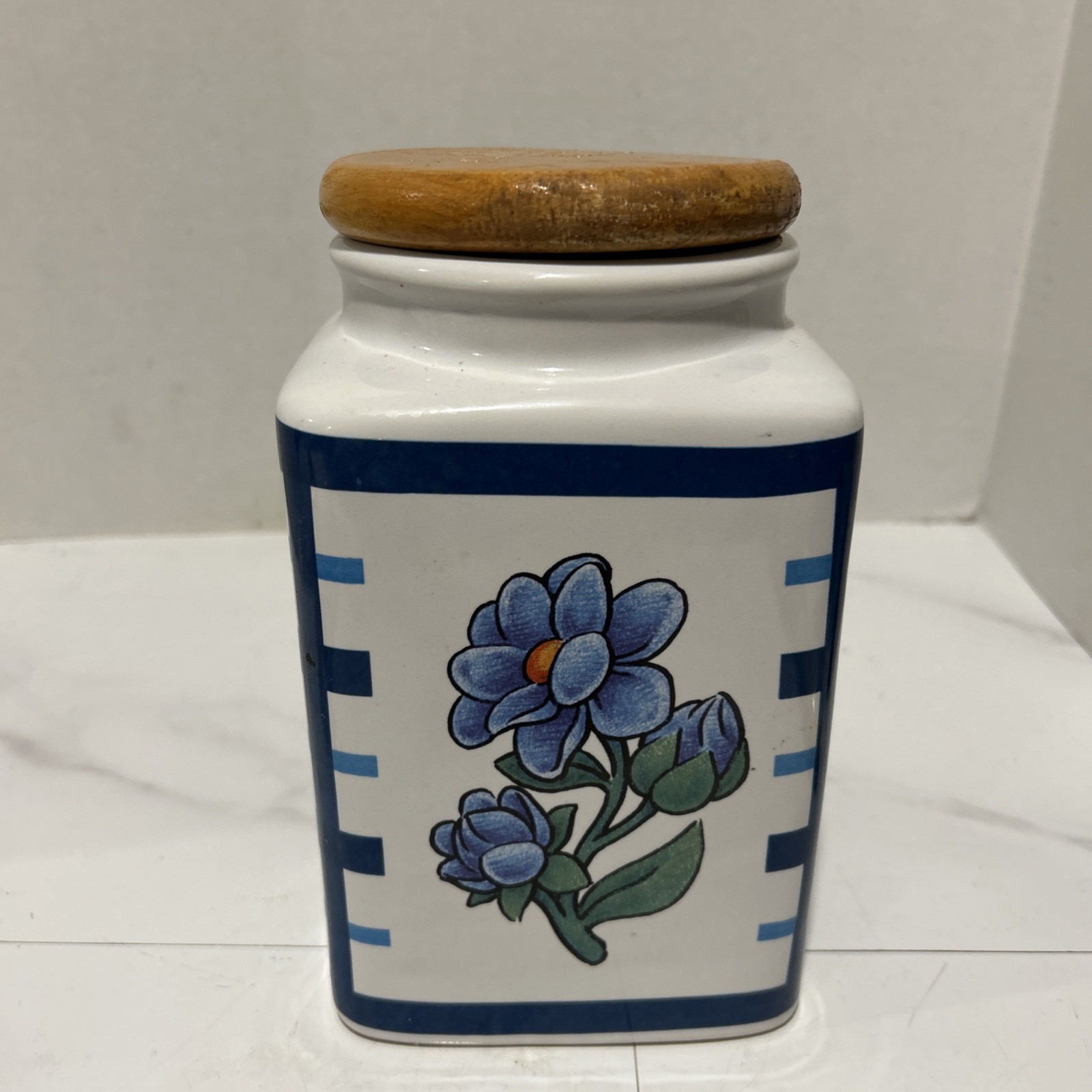 Vtg Ceramic Blue Checkered With Floral Front And Wood Lid Canaster