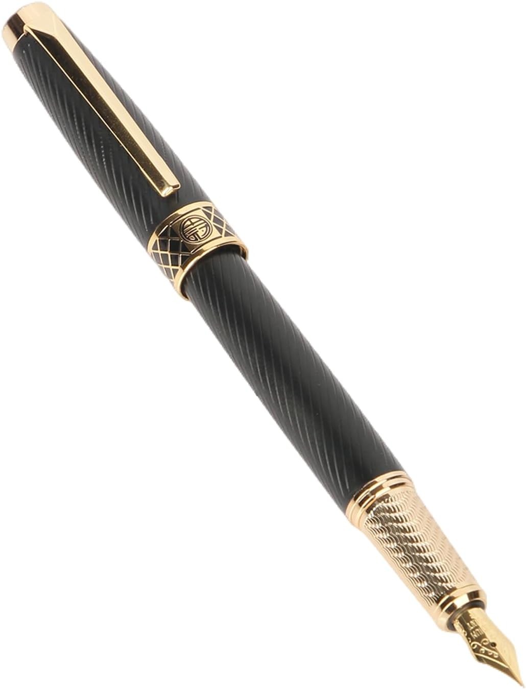 Fancy Black Fountain Pens with Real 24K Gold Trim, 1 Count (Pack of 1),