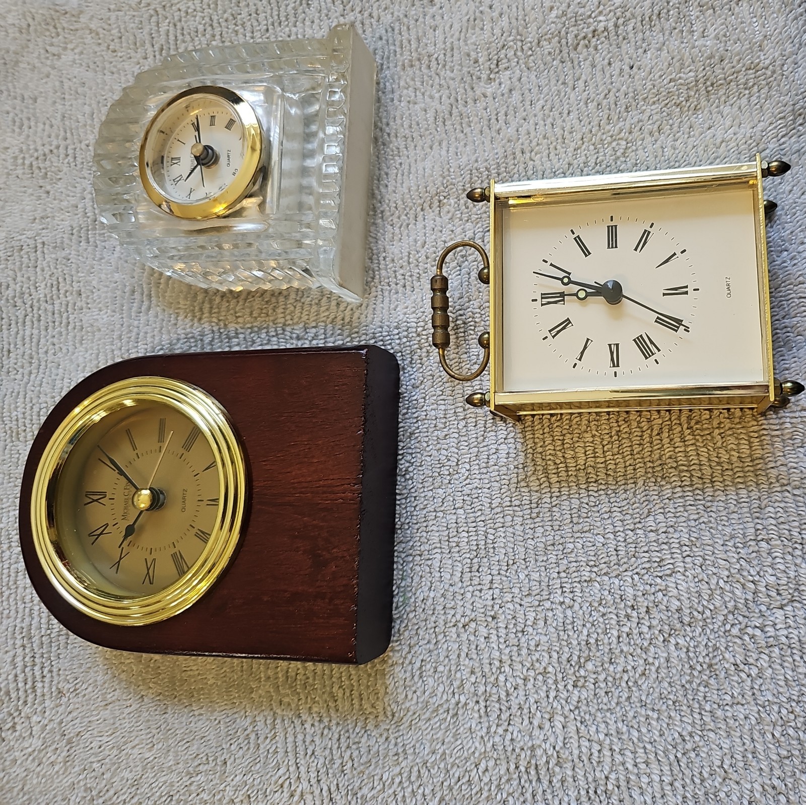 3 Carriage & Bedside Clock Bundle all quartz wood, glass and metal 4 to 5″ tall