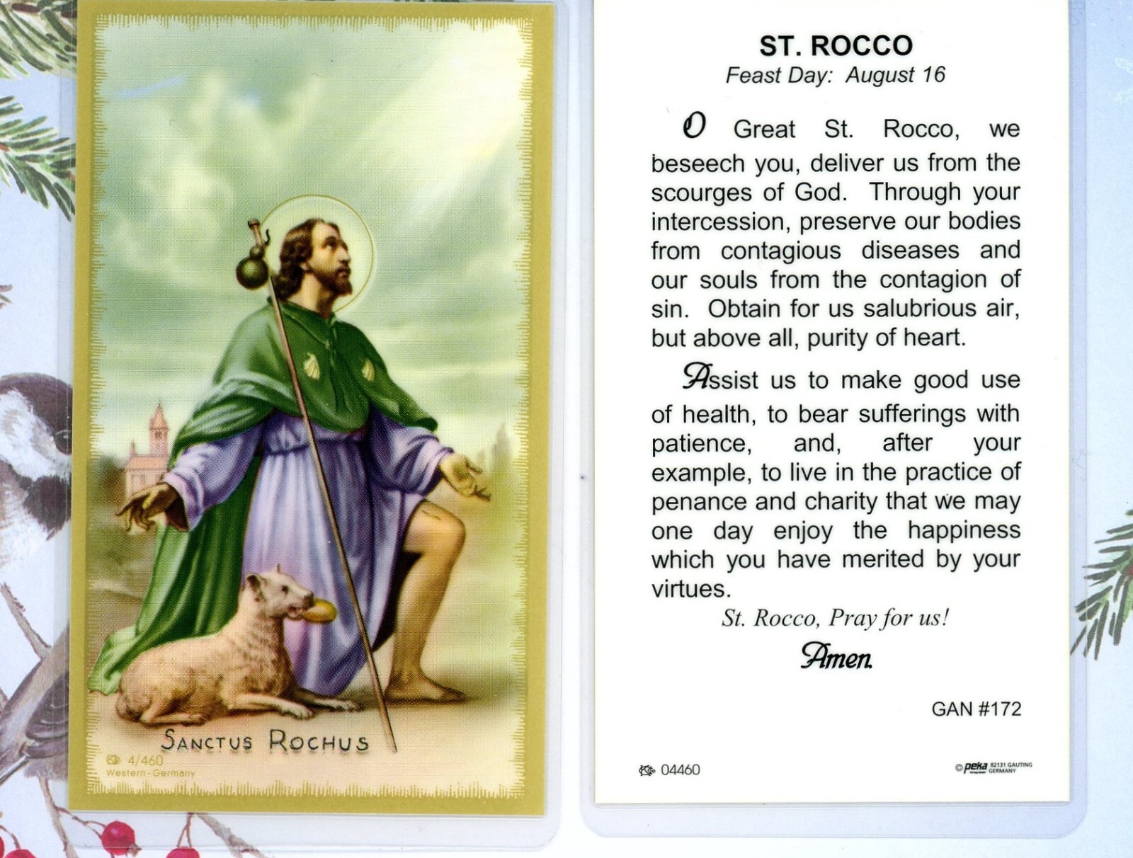 Prayer to Saint St. Roch (Rocco) – Laminated Holy Card GAN