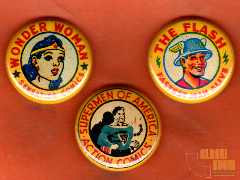 Set of three 1″ vintage look DC comics pins buttons Flash Wonder Woman Superman