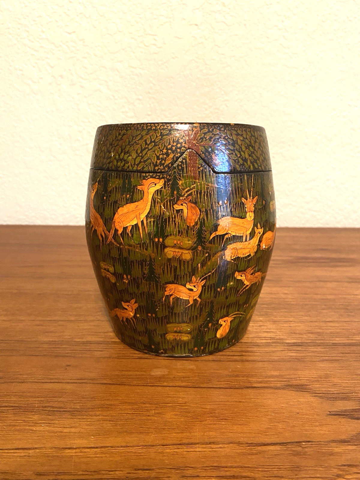 Vintage Hand Made Paper Mache Brass Hand Painted Container Kashmir