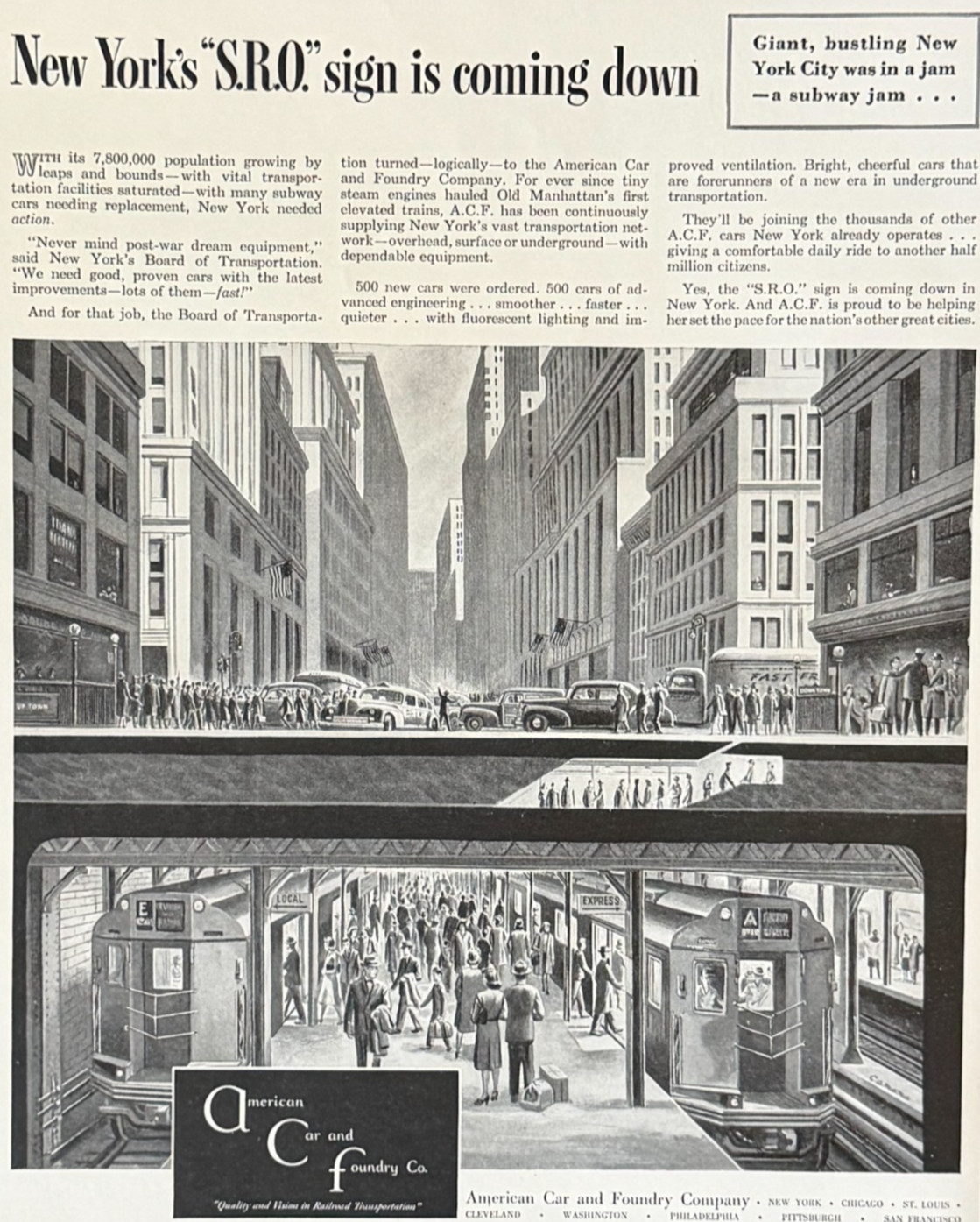 1947 American Car and Foundry Advertisement NYC Subway Cars Street Vtg Print AD