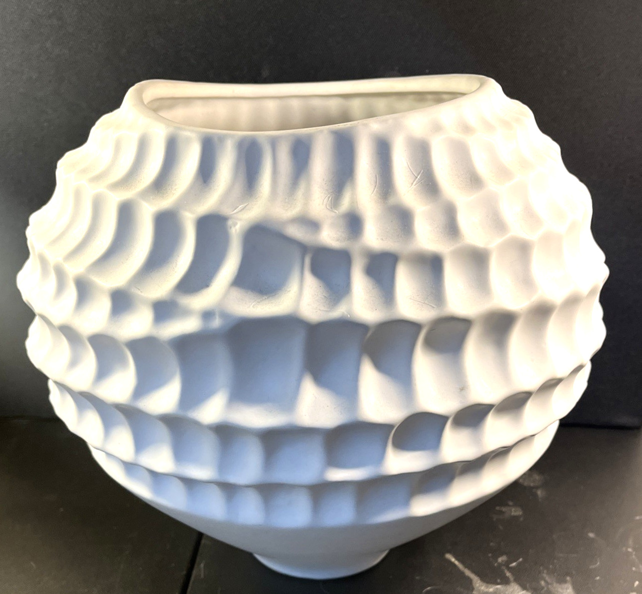 Modern Textured White Ceramic Vase Sculptural Ribbed Pottery Art Deco Style 10″