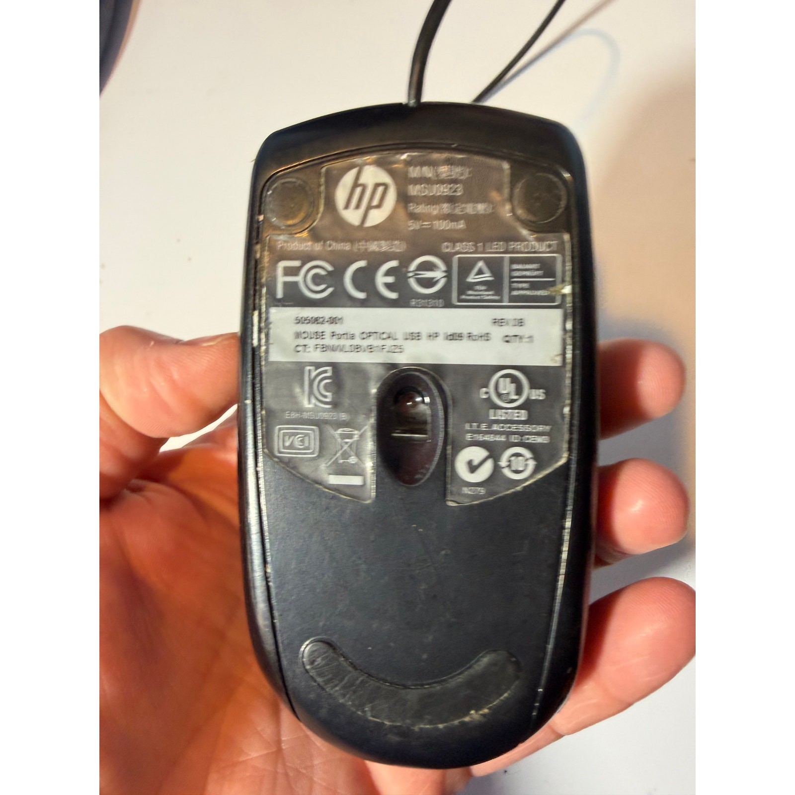 HP Black Wired 2 Button 5V 100MA USB Optical Mouse 588484-001 MSU0923