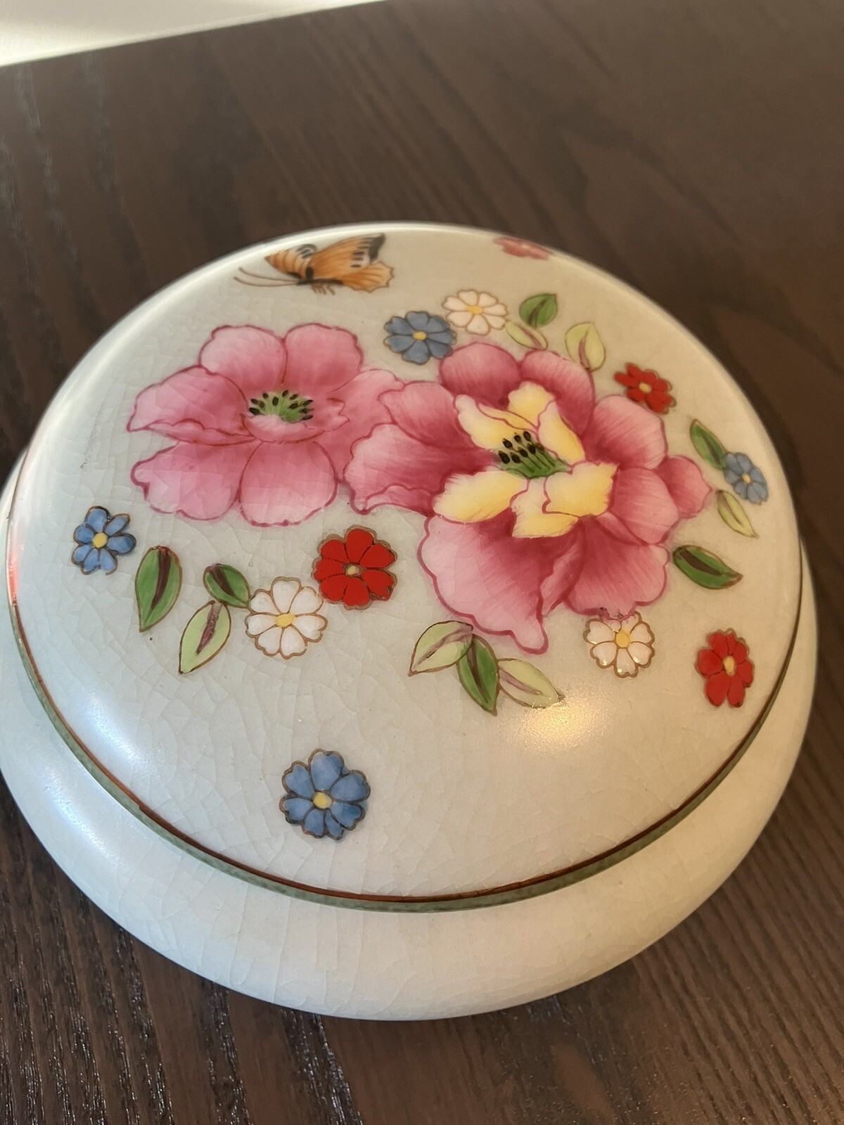 Ceramic Trinket Box. Hand Painted. Celadon Green Multi Colored Floral Lid.
