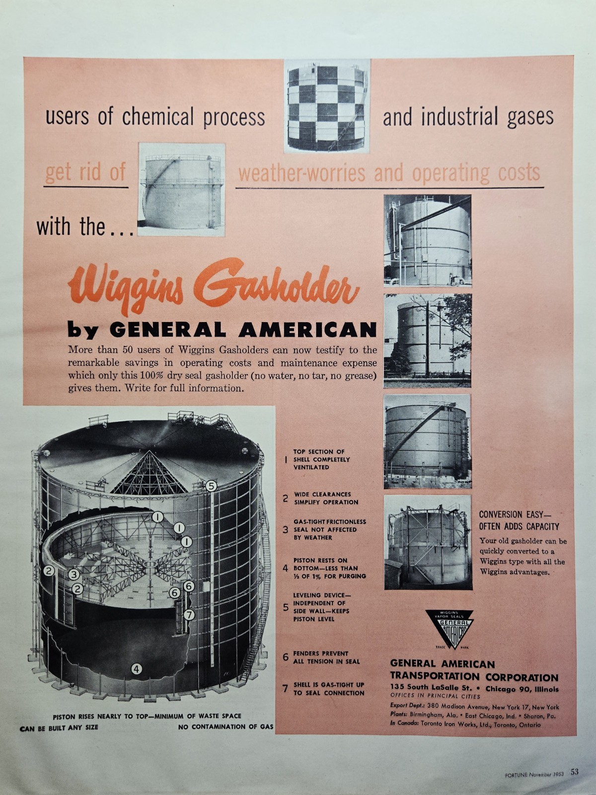 1953 GATX Wiggins Gasholder Print Ad – Chemicals Industrial Gases Storage Tanks