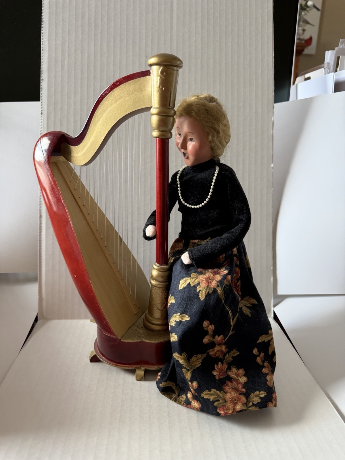 Byers Choice 2012 WOMAN WITH HARP sitting on Bench Playing Pedal Harp