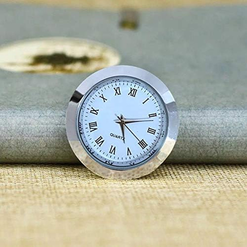 Mini Clock Insert 1.5 Inch round Quartz Movement White Face Silver Bezel Roman N