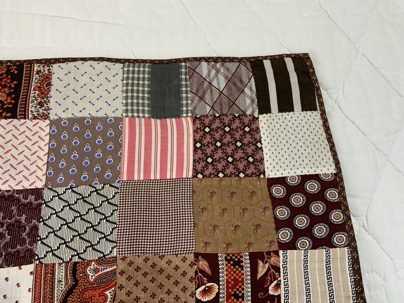 Antique Vintage Patchwork Quilt Table Topper, Four Patch, Early Calicos, Brown