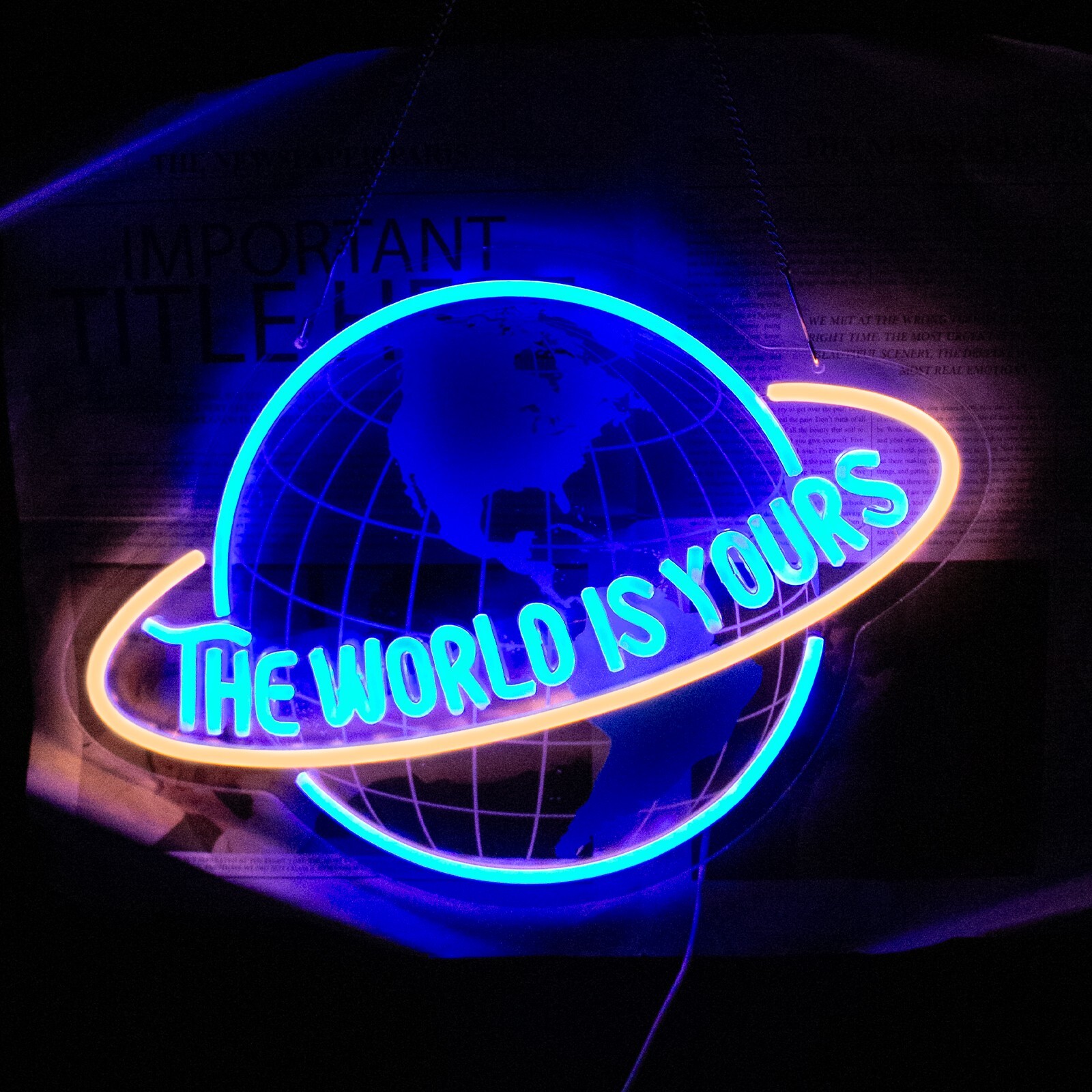Blue “The World Is Yours” Globe Neon Sign – Hip Hop Decor for Man Cave