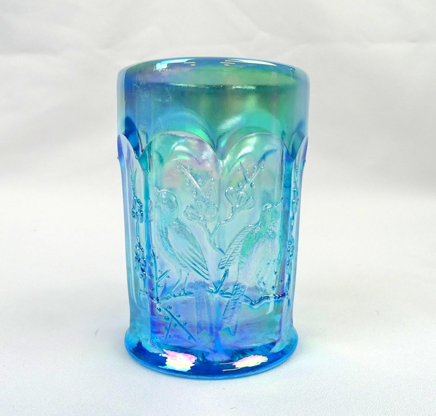 Summit Art Glass Blue Opalescent Carnival Glass Singing Birds 4″ Tumbler 1970s