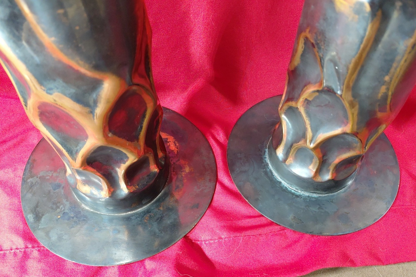 Pair Pillar Candle Holder Mixed Materials Copper Metal & More 9″ & 12″