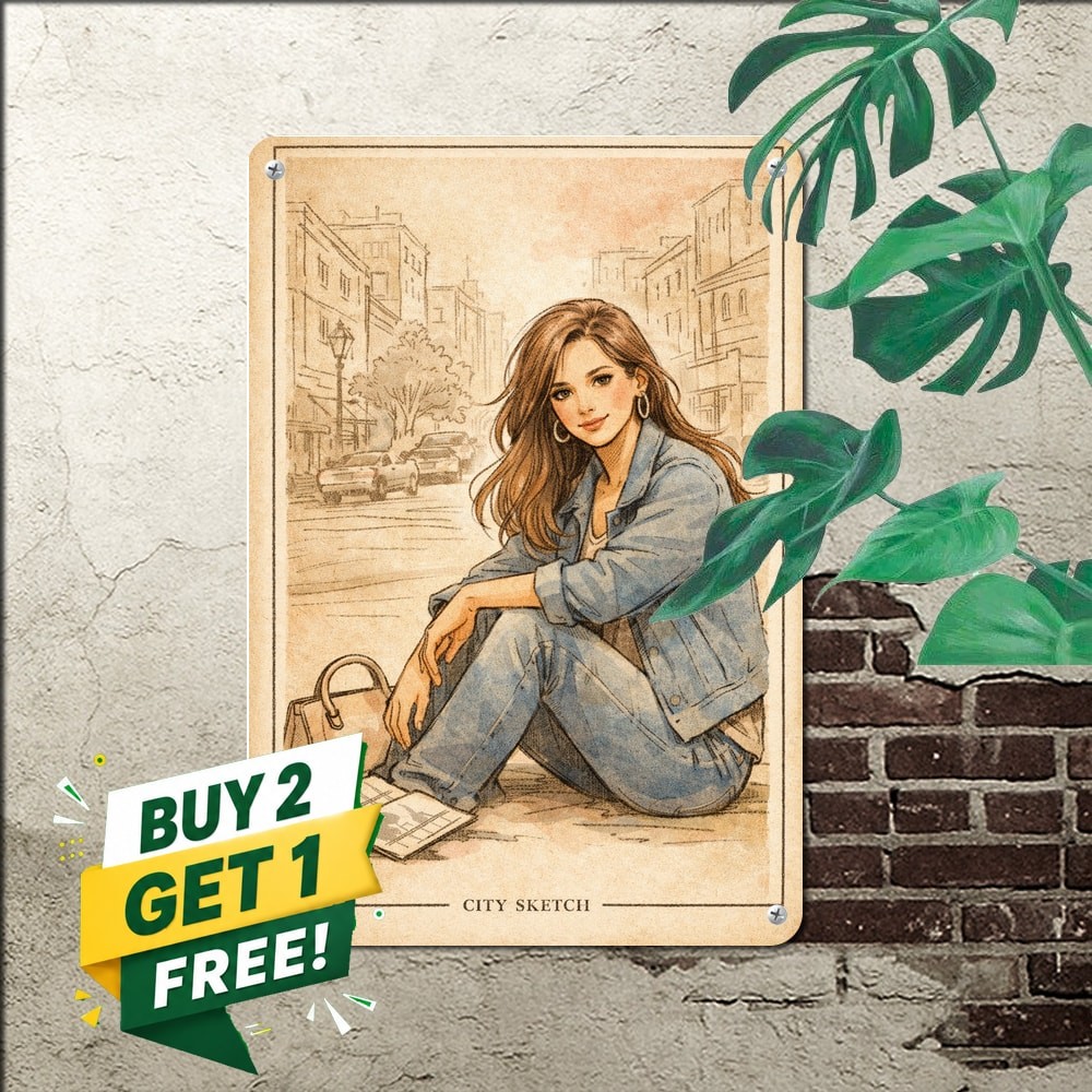 Woman City Street Sitting Pose Handbag Fashion Illustration Metal Tin Sign
