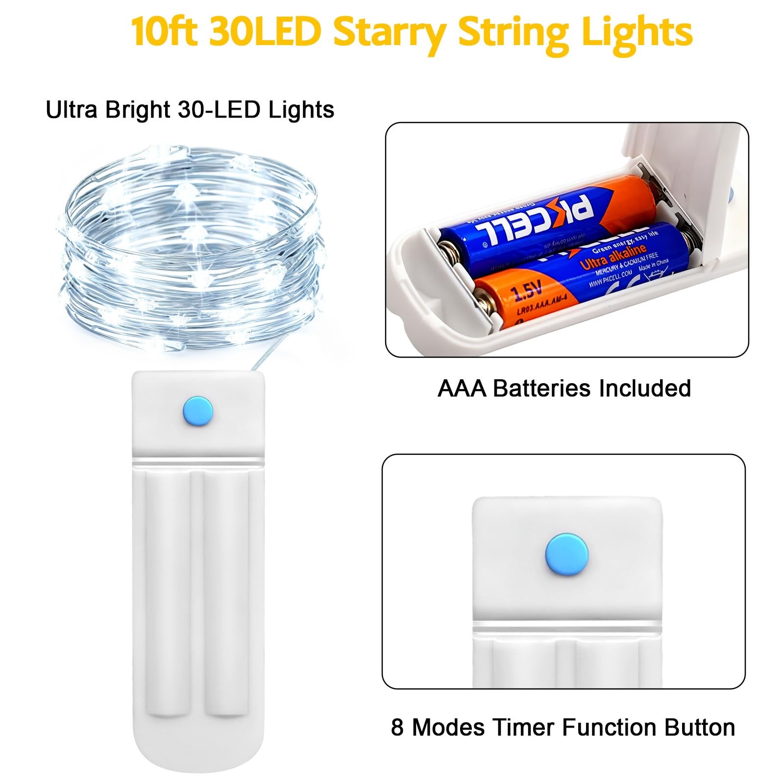 Yjfwal 12 Pack 10Ft 30Led Starry String Lights 8 Modes Timer Function