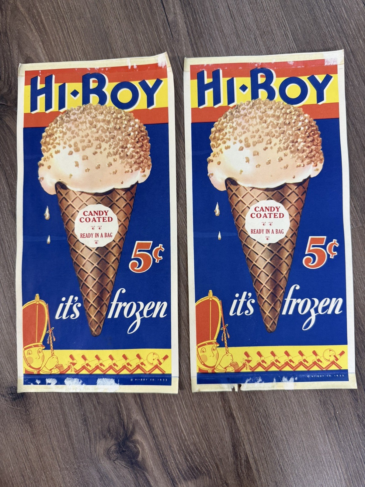 2-Vtg 1932 Hi-Boy it’s frozen Ice Cream Paper Sign Advertising Ready In A Bag