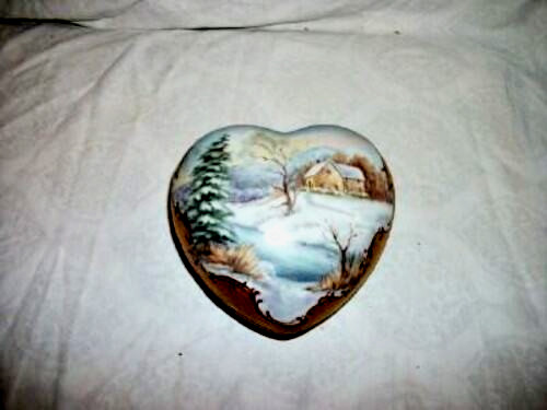 Miniature Landscape Oil Painting Porcelain Heart Box Winter House Scene Gilt