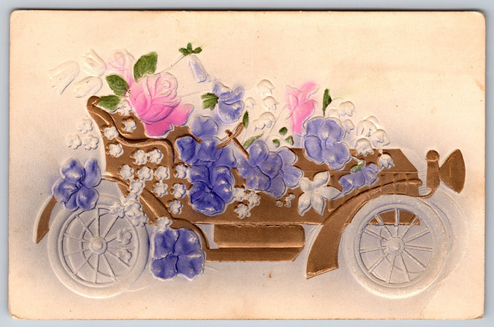 Air Brushed embossed Pink Purple Flowers Antique Postcard Gold Tone Automobile