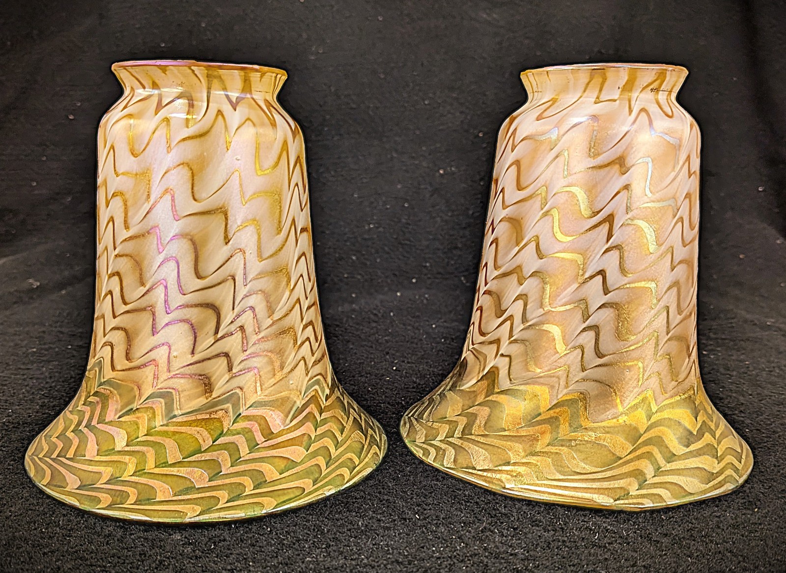 Pair of Gold Aurene Art Glass Shades, Fish Scale Zipper Pattern Lustre Art