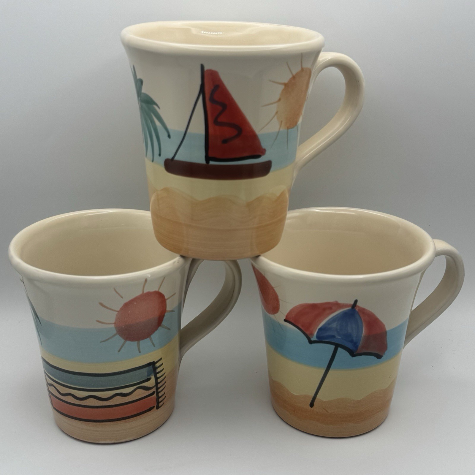 Pier 1 Hand Painted Italian Beach Coffee Mug Set Sailboat Umbrella Palm Italy