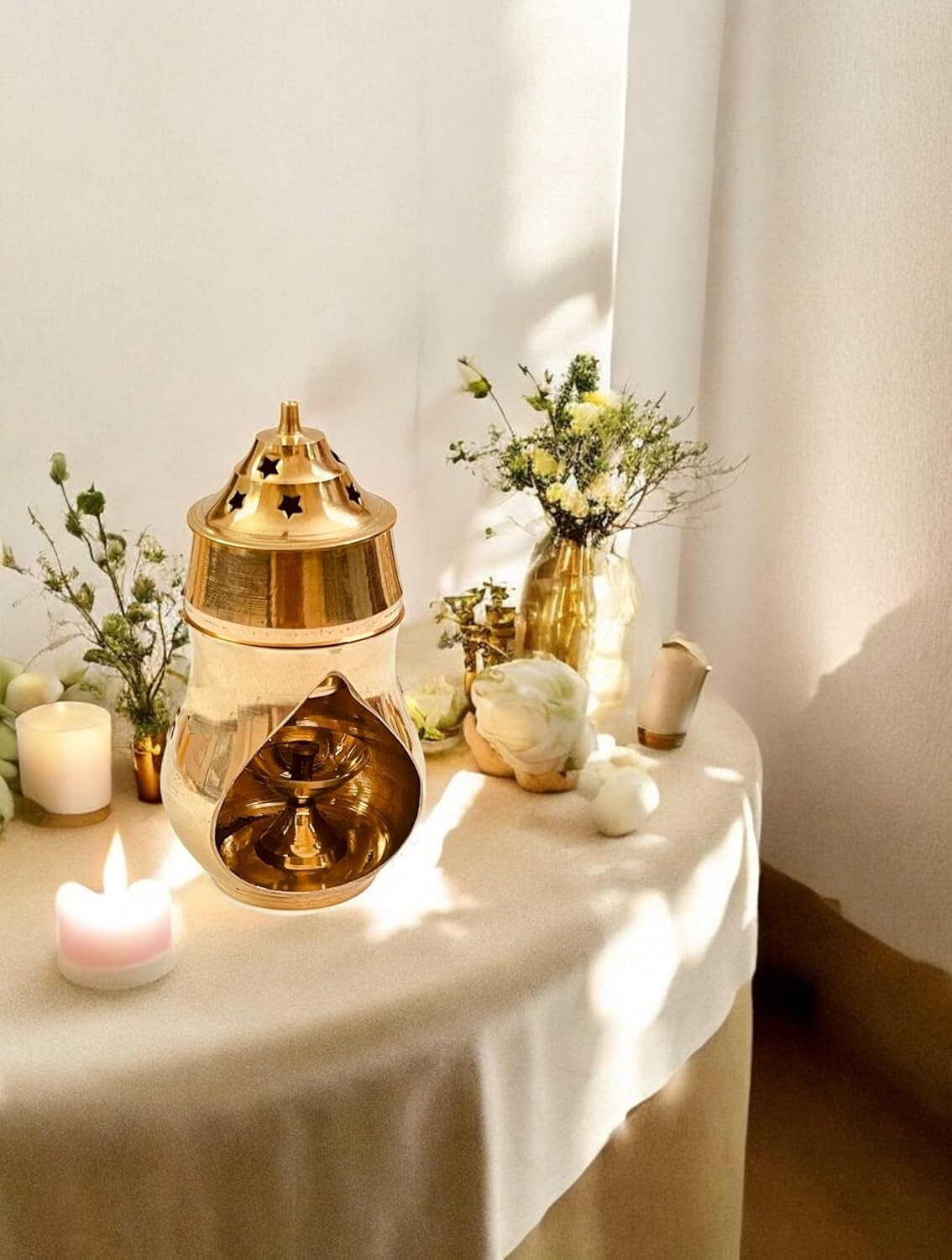 6″ Brass Camphor Aroma Incense Burner Oil Lamp with Diya Diwali Navratri Puja