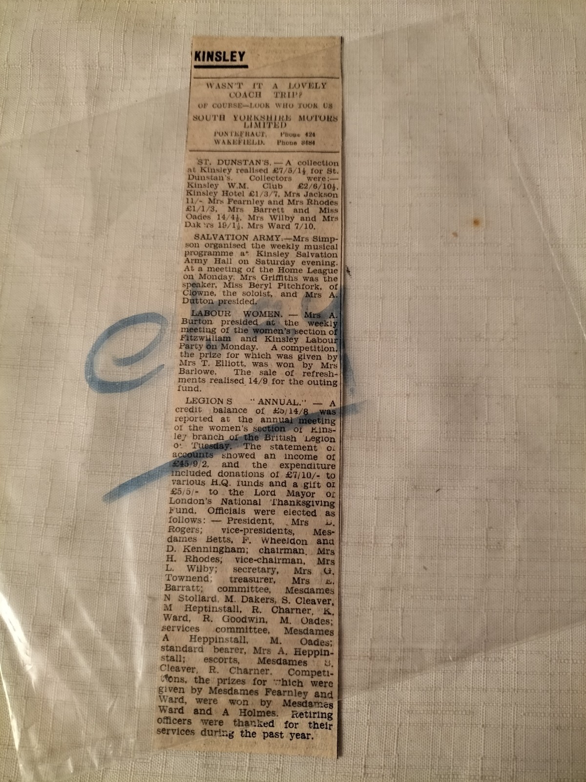 1950 Kinsley West Yorkshire news newspaper cutting 20th Oct