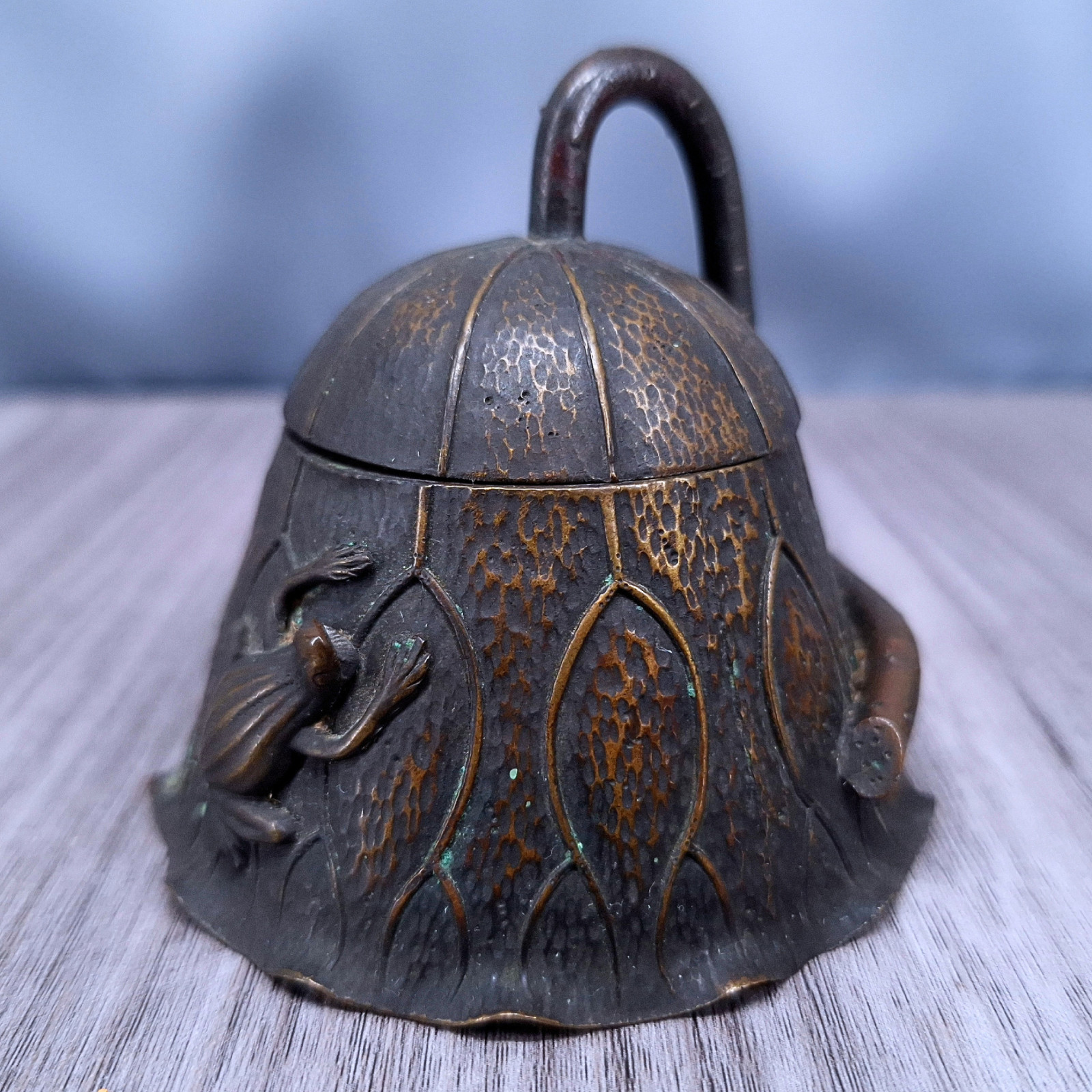 Antique Bronze Frog on Lotus Ink well Hinged Dome Lid Ceramic Well – 2.5 inches