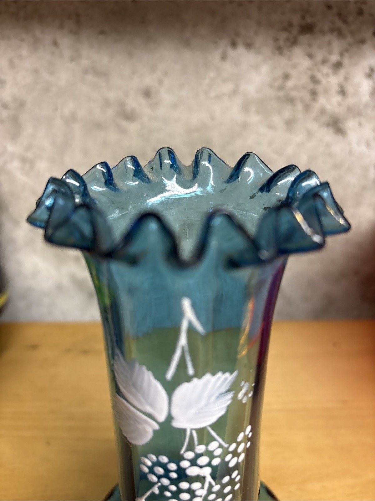 Transparent Hand Blown Hand Decorated Blue Glass Vase w Ruffled Top 7” H, VTG
