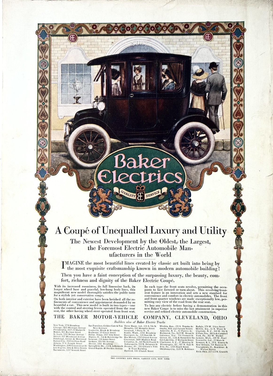 Two 1912 Ads (10 X 14 inches) Baker Electric Coupe & Stevens Duryea Model C-6
