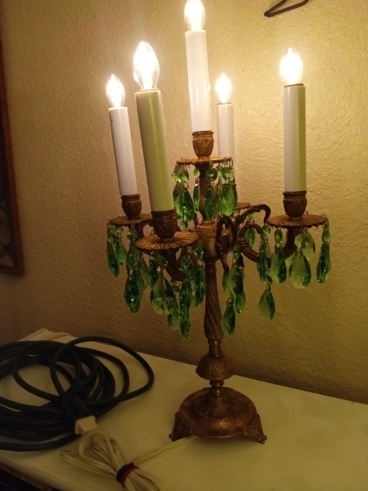 Vintage Brass Candelabra Lamp With Green Prisms. 19 Inches Tall X 11 Inches Wide
