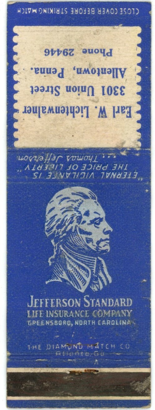 Jefferson Standard Life Insurance Allentown PA Vintage Matchbook Cover Pre-1940