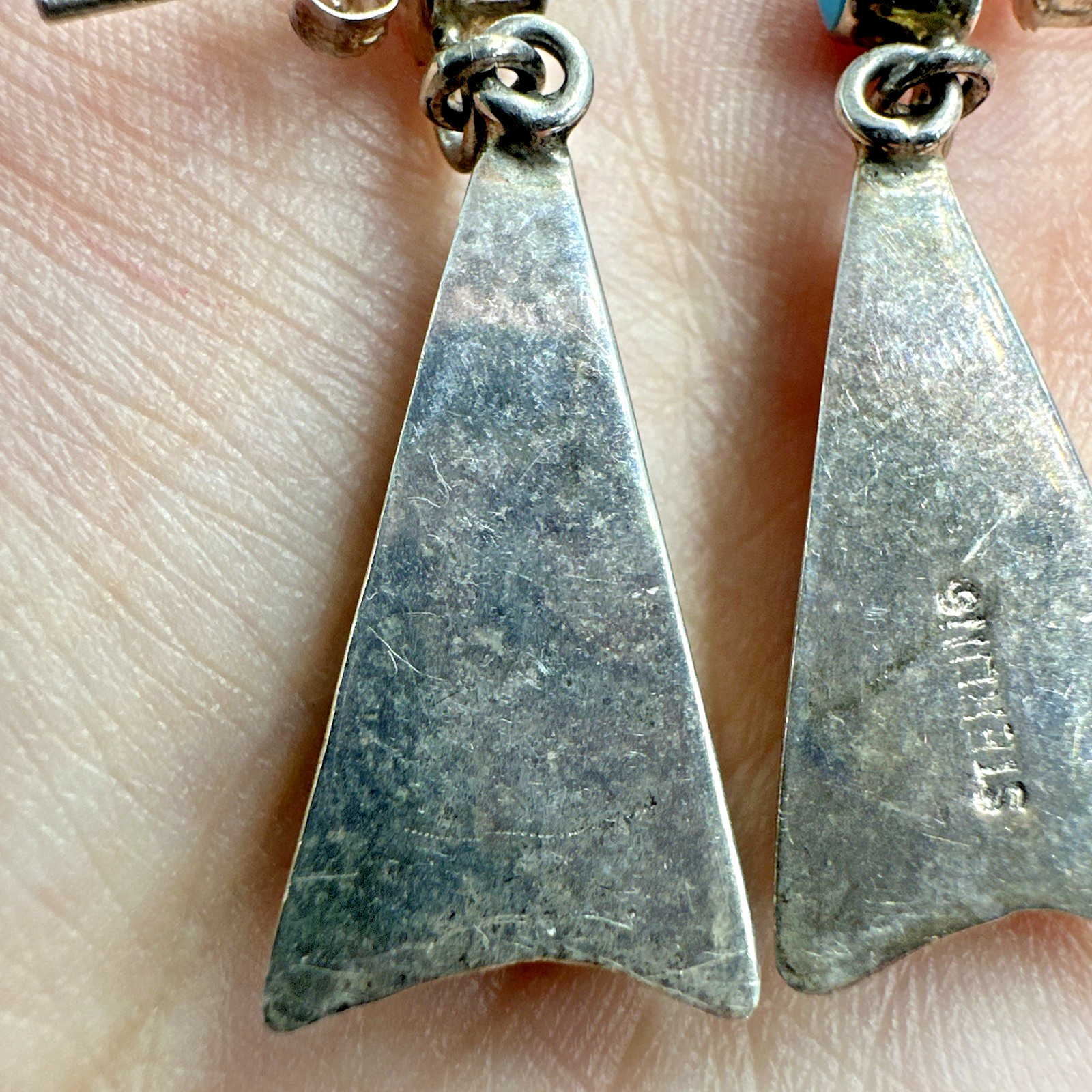 Stunning Native Sterling Silver Micro Inlay & Turquoise Cabachon Dangle Earrings