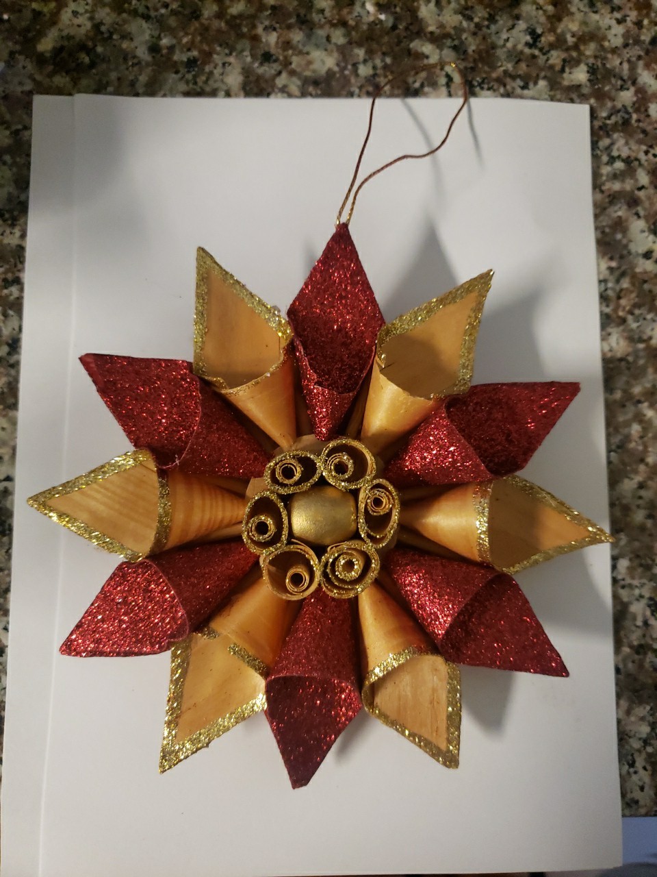 VTG Rolled Wood CHIP Shavings 6″ Ornament Gold Red Glitter DOUBLE SIDE CHRISTMAS