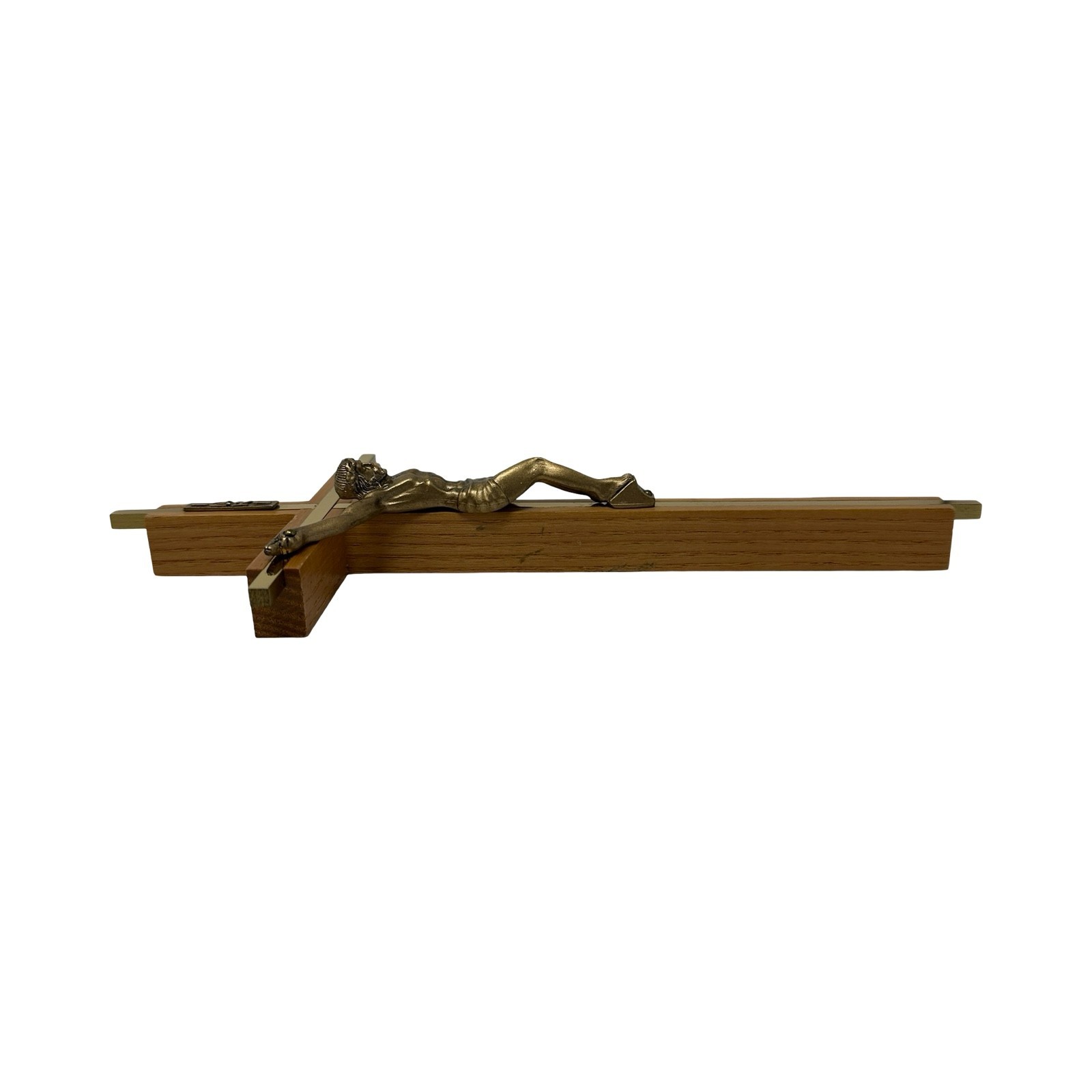 Vintage 1960s MCM Brass Tone Metal Wood Wall Crucifix Cross INRI Catholic 10″