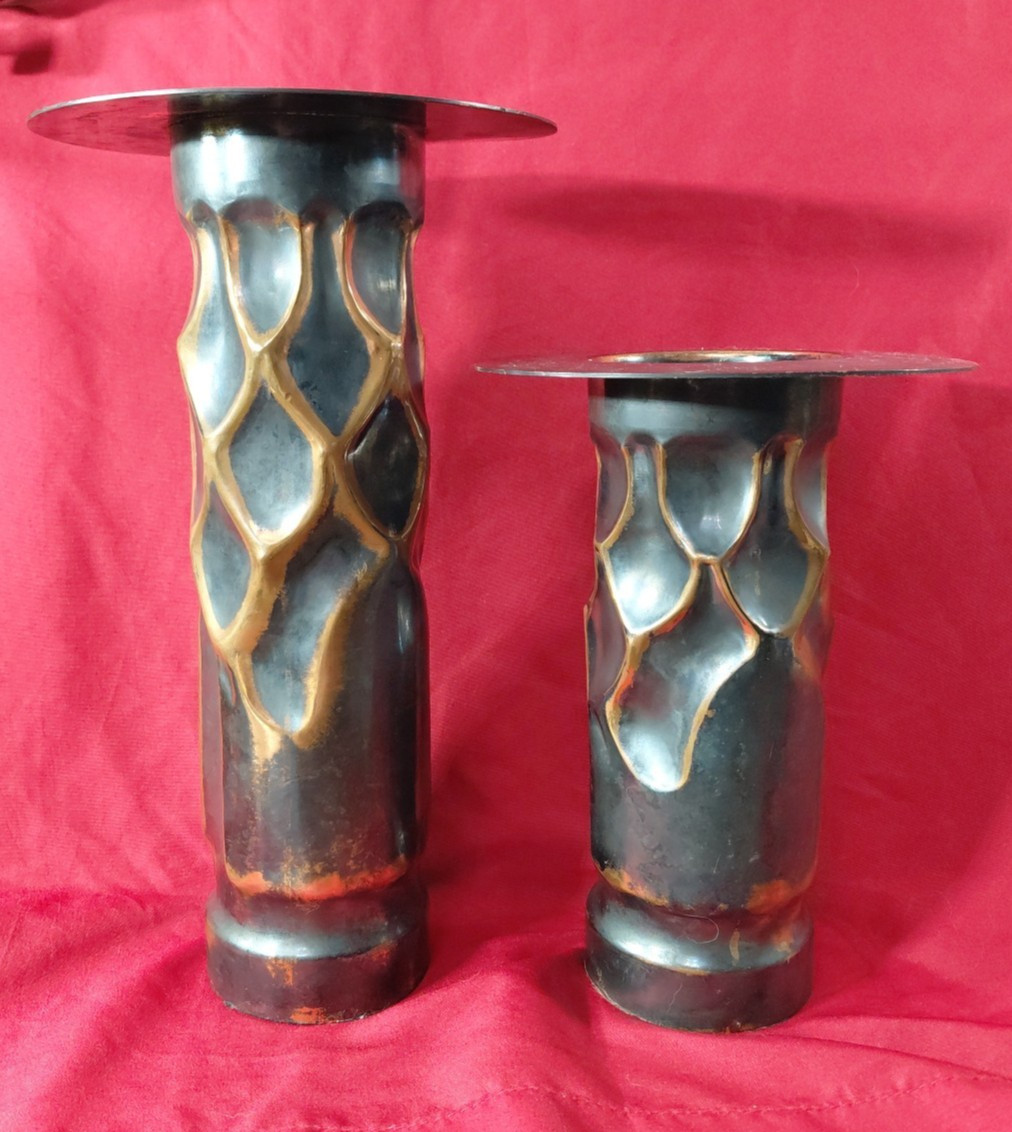 Pair Pillar Candle Holder Mixed Materials Copper Metal & More 9″ & 12″