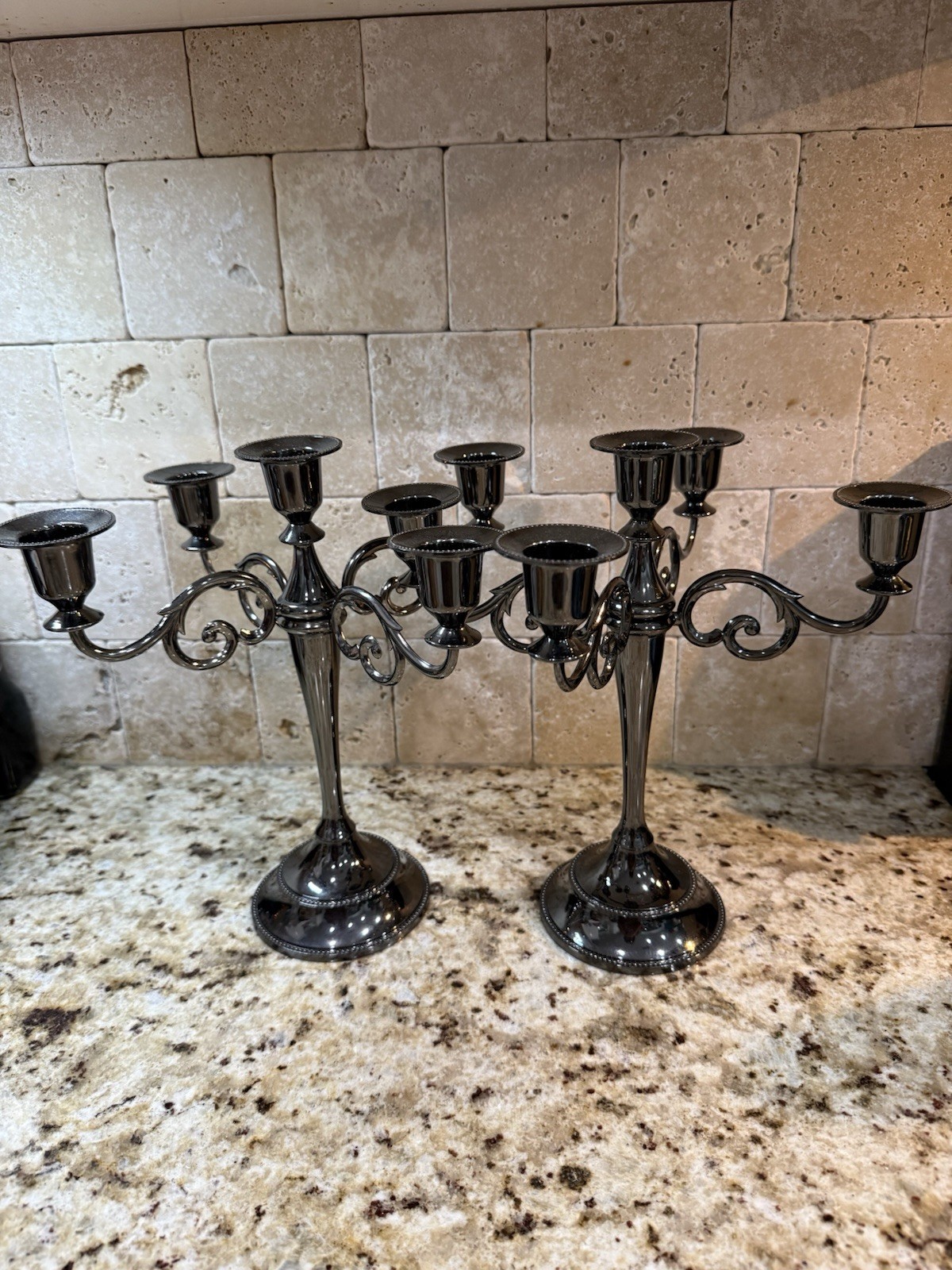 GORGEOUS Pair Black Metal 5-Arm Candelabra Gothic Hollywood Regency 10.5″