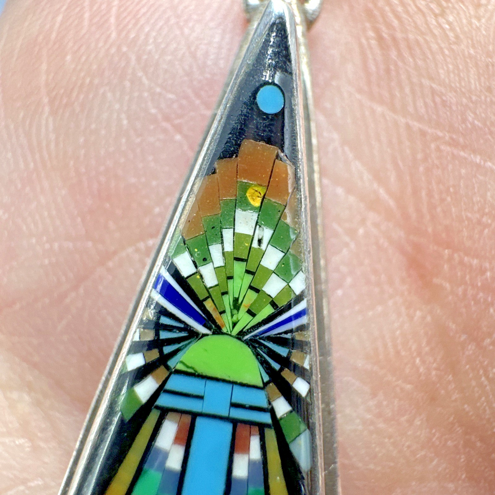 Stunning Native Sterling Silver Micro Inlay & Turquoise Cabachon Dangle Earrings
